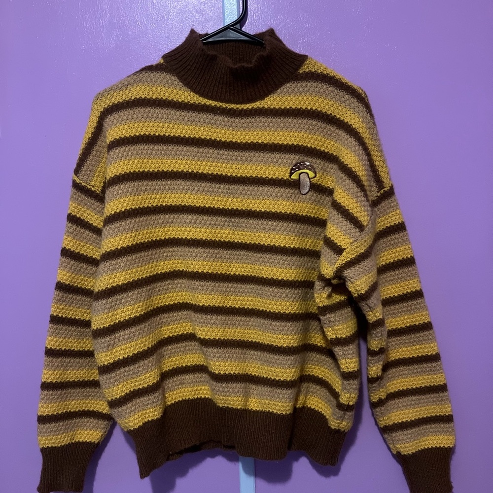 SHEIN Brown and Yellow Striped Mushroom Embroidered Sweater